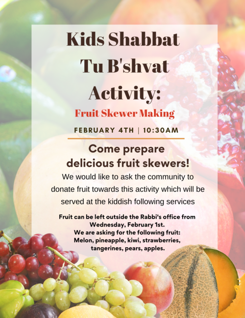 Banner Image for Kids Shabbat Tu B'Shvat Activity: Fruit Skewer Making